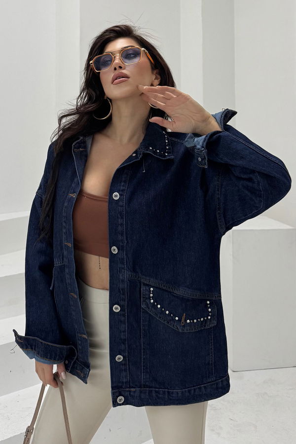 Kadın Taş Detaylı Oversize Denim Kot Ceket Koyu Mavi - 26572