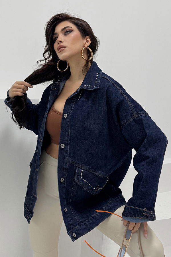 Kadın Taş Detaylı Oversize Denim Kot Ceket Koyu Mavi - 26572