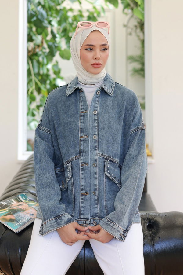 Kadın Taş Detaylı Oversize Denim Kot Ceket Koyu Mavi - 26572