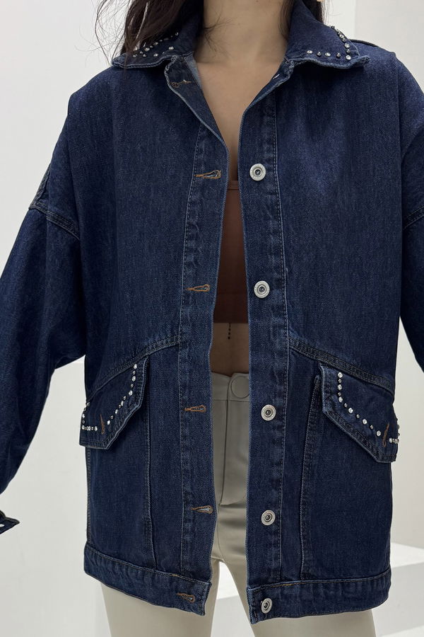 Kadın Taş Detaylı Oversize Denim Kot Ceket Koyu Mavi - 26572
