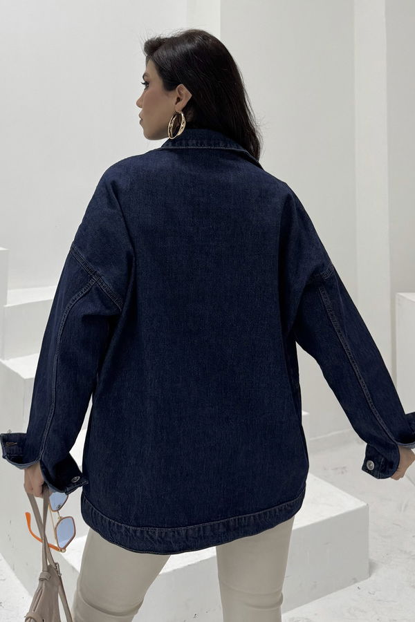 Kadın Taş Detaylı Oversize Denim Kot Ceket Koyu Mavi - 26572