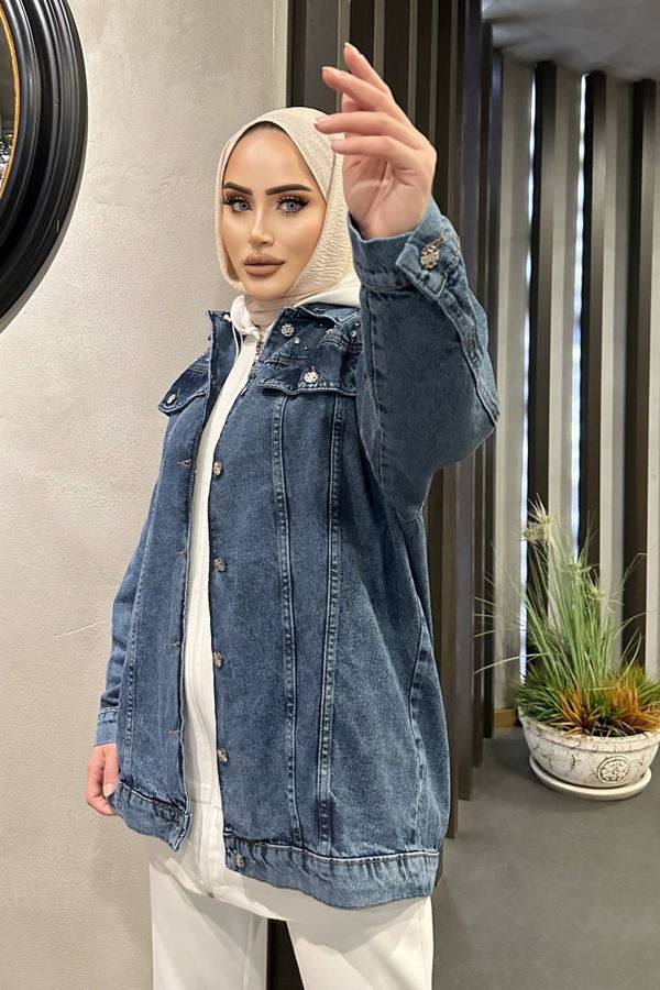 Kadın Omuz Taş Detaylı Oversize Kot Ceket Koyu Mavi - 26616
