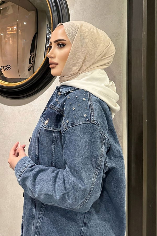 Kadın Omuz Taş Detaylı Oversize Kot Ceket Koyu Mavi - 26616