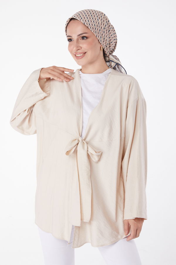 Önü Bağcıklı Hırka Krem - 26135