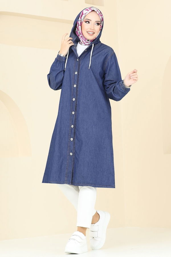 Kapüşonlu Düğmeli Denim Kap Mavi - 26644
