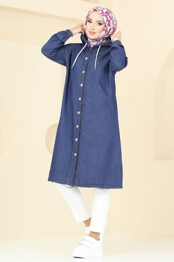 Kapüşonlu Düğmeli Denim Kap Mavi - 26644