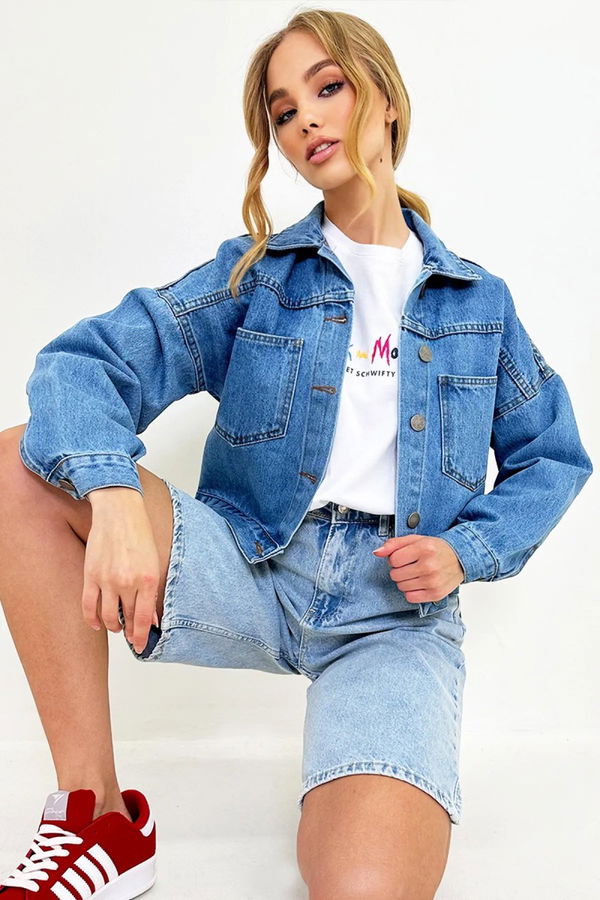 Kadın Çift Cepli Crop Kot Ceket Mavi - 26573