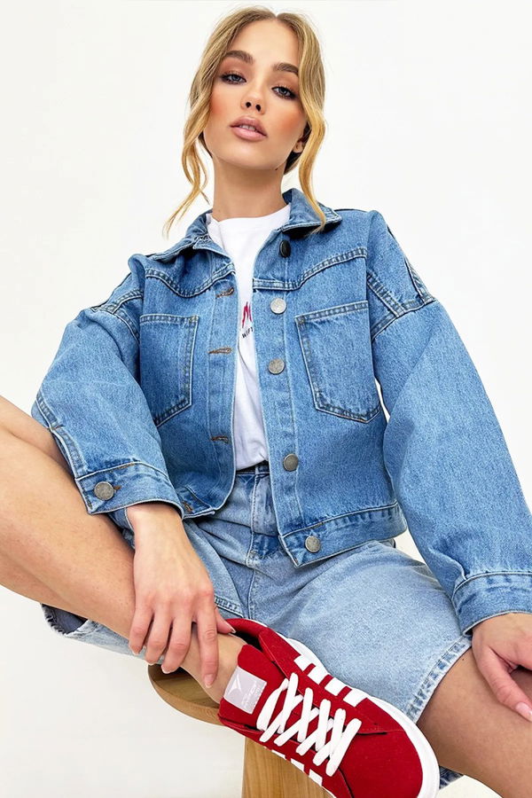 Kadın Çift Cepli Crop Kot Ceket Mavi - 26573