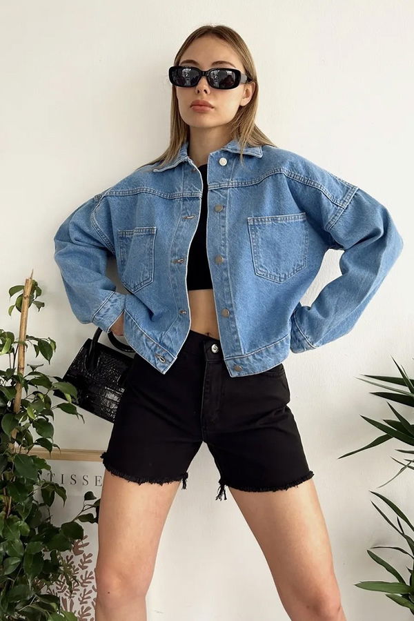 Kadın Çift Cepli Crop Kot Ceket Mavi - 26573