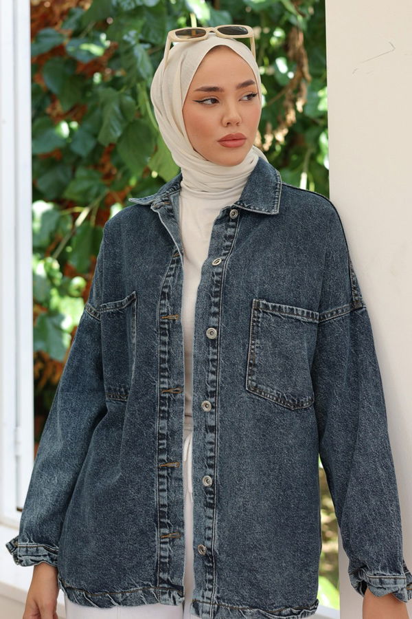 Kadın Oversize Cep Detay Kot Gömlek Ceket Mavi - 26571