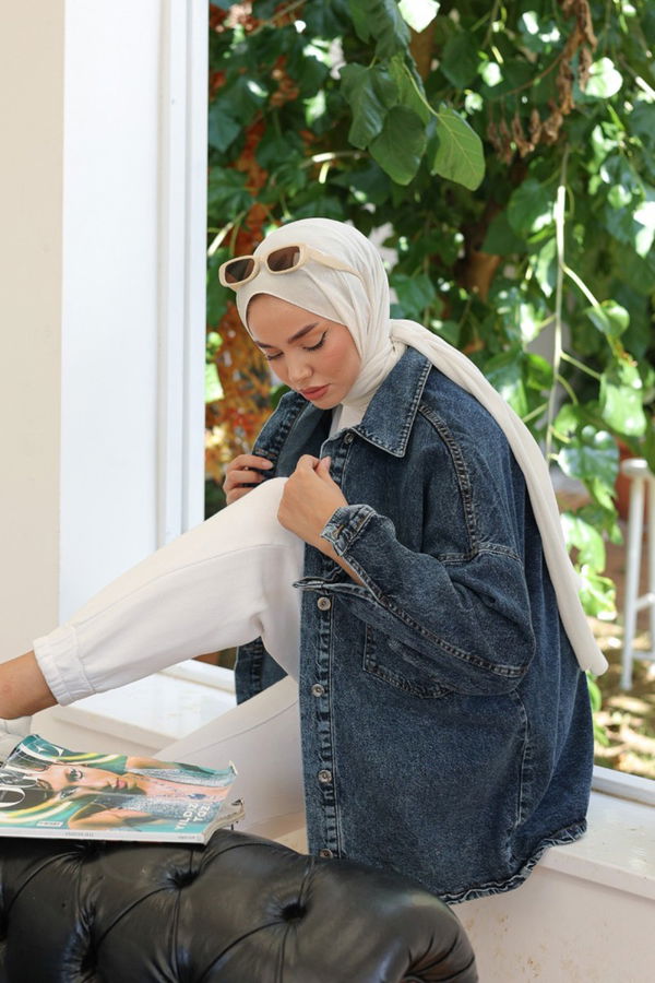 Kadın Oversize Cep Detay Kot Gömlek Ceket Mavi - 26571