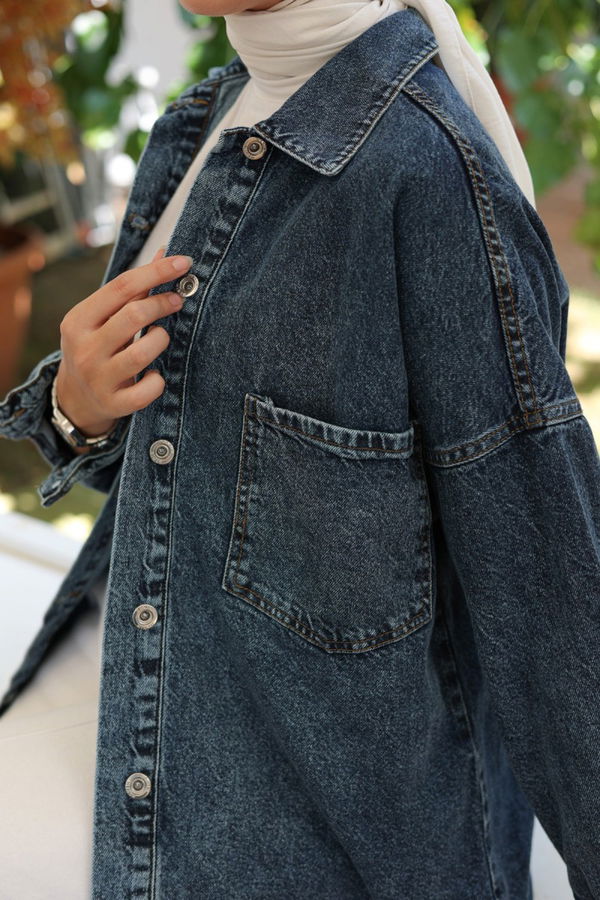 Kadın Oversize Cep Detay Kot Gömlek Ceket Mavi - 26571