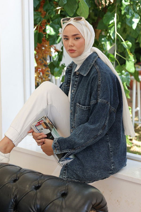 Kadın Oversize Cep Detay Kot Gömlek Ceket Mavi - 26571