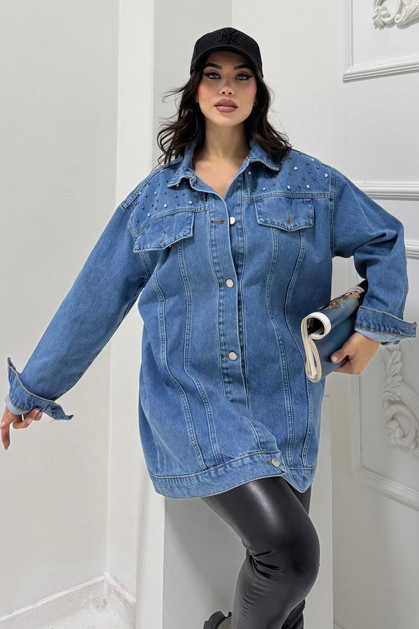 Kadın Omuz Taş Detaylı Oversize Kot Ceket Mavi - 26616
