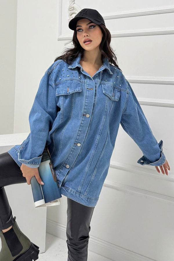 Kadın Omuz Taş Detaylı Oversize Kot Ceket Mavi - 26616