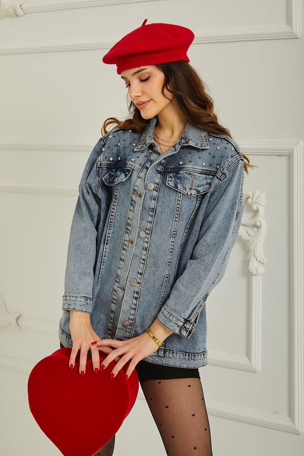 Kadın Omuz Taş Detaylı Oversize Kot Ceket Mavi - 26616