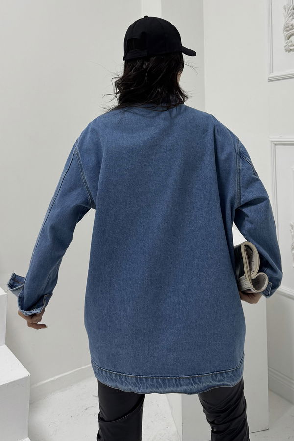 Kadın Omuz Taş Detaylı Oversize Kot Ceket Mavi - 26616