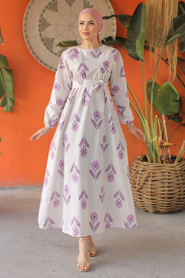 Desenli Kolu Büzgülü Elbise Mor - 26622