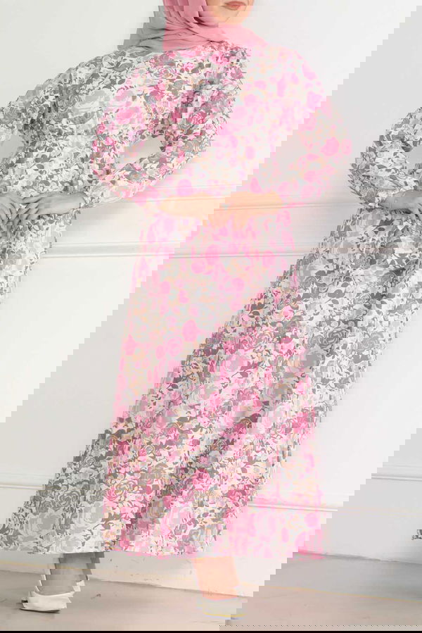 Desenli Kolu Büzgülü Elbise Pembe - 26621