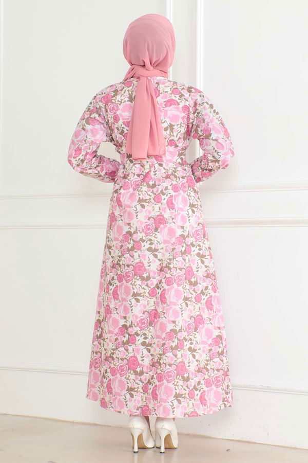 Desenli Kolu Büzgülü Elbise Pembe - 26621