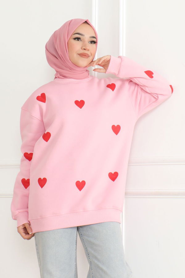 Kadın Üç İplik Bisiklet Yaka Kalpli Sweatshirt Pembe - 26659