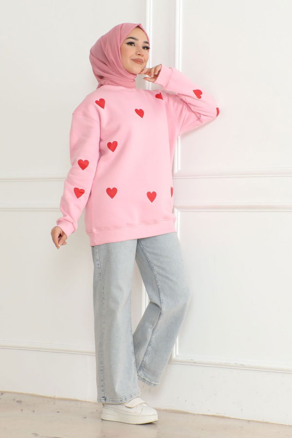 Kadın Üç İplik Bisiklet Yaka Kalpli Sweatshirt Pembe - 26659