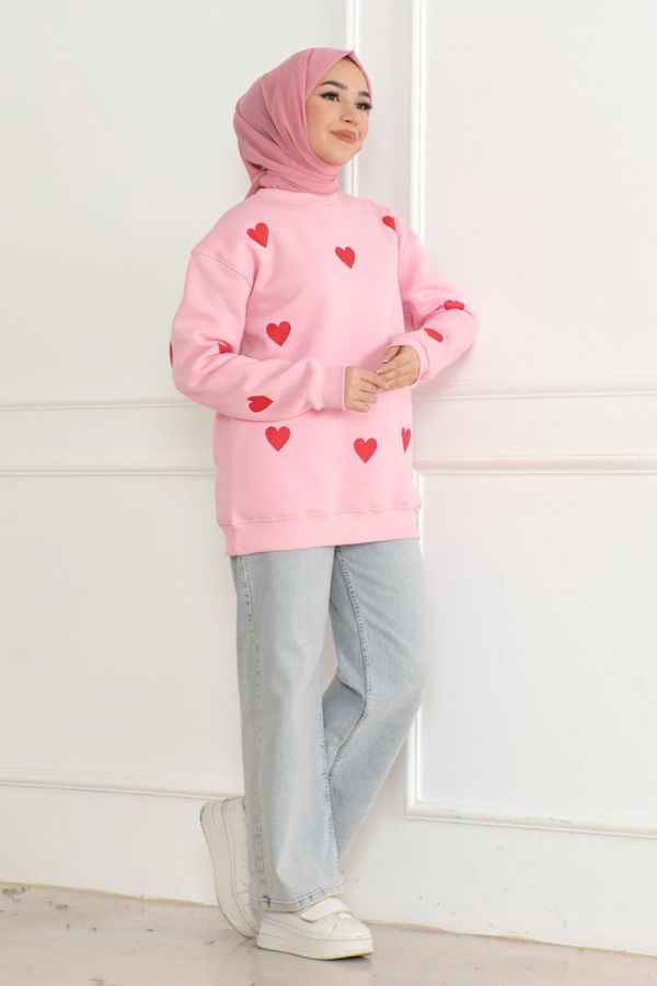 Kadın Üç İplik Bisiklet Yaka Kalpli Sweatshirt Pembe - 26659