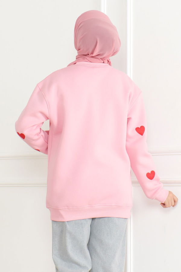 Kadın Üç İplik Bisiklet Yaka Kalpli Sweatshirt Pembe - 26659