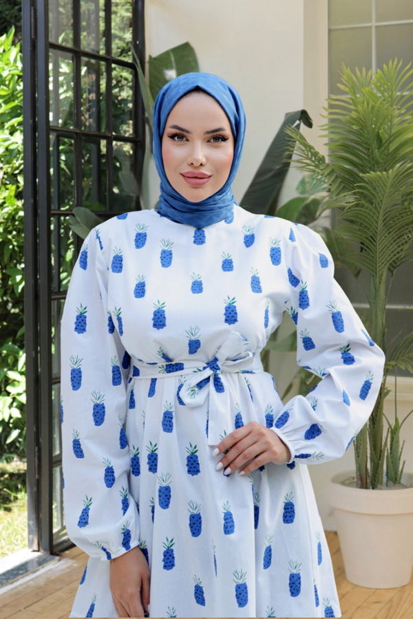 Desenli Kolu Büzgülü Elbise Saks - 26647
