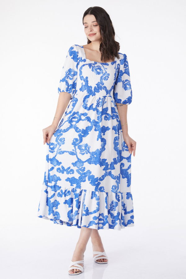 Desenli Midi Elbise Saks - 25241