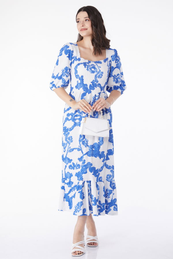 Desenli Midi Elbise Saks - 25241