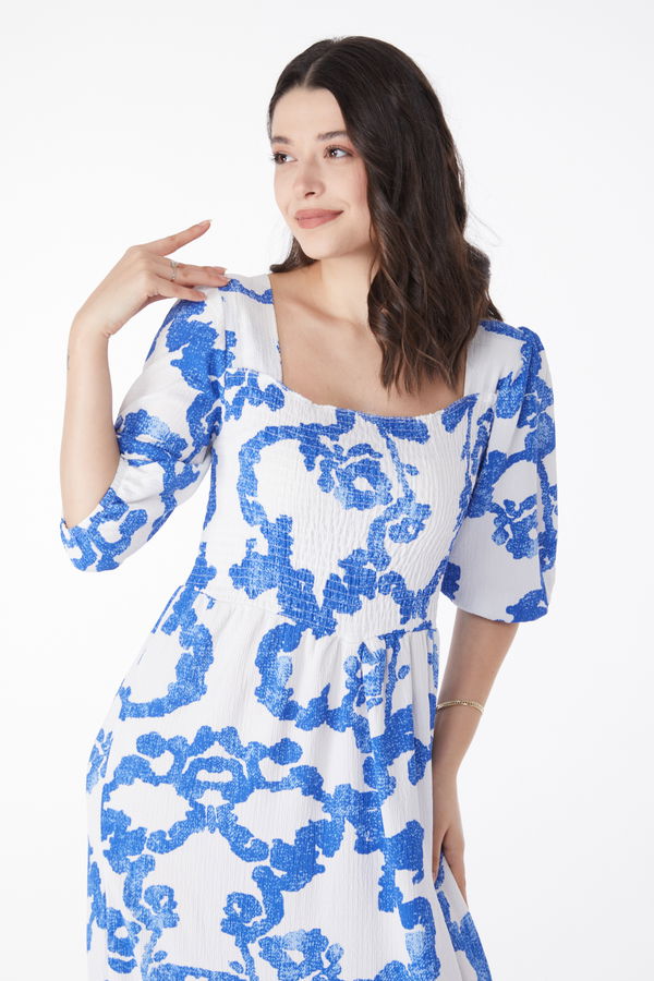 Desenli Midi Elbise Saks - 25241