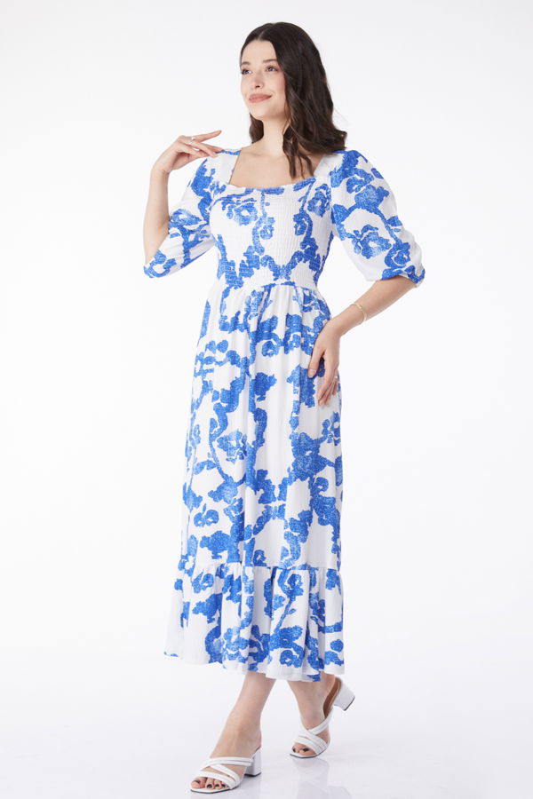 Desenli Midi Elbise Saks - 25241