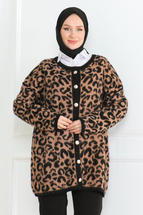 Kadın Leopar Desenli Düğmeli Yünlü Triko Hırka Siyah - 26609