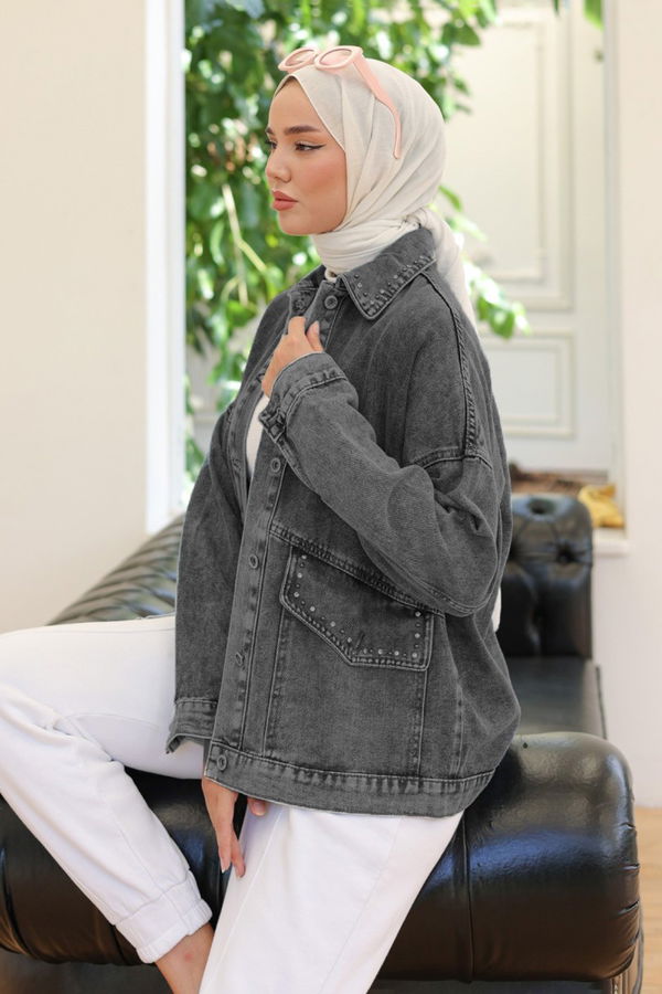 Kadın Taş Detaylı Oversize Denim Kot Ceket Siyah - 26572