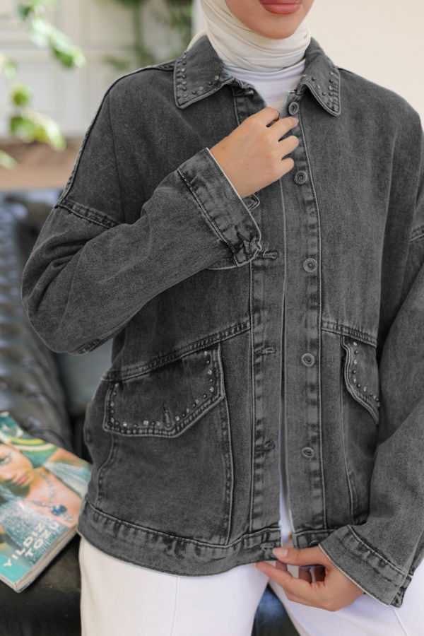Kadın Taş Detaylı Oversize Denim Kot Ceket Siyah - 26572