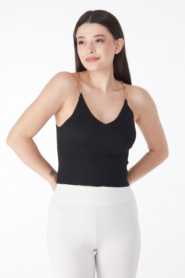 Zincirli Triko Crop Siyah - 25221