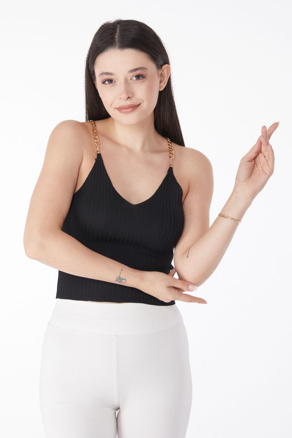 Zincirli Triko Crop Siyah - 25221