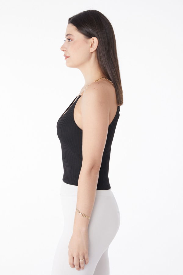 Zincirli Triko Crop Siyah - 25221