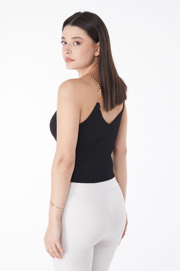 Zincirli Triko Crop Siyah - 25221