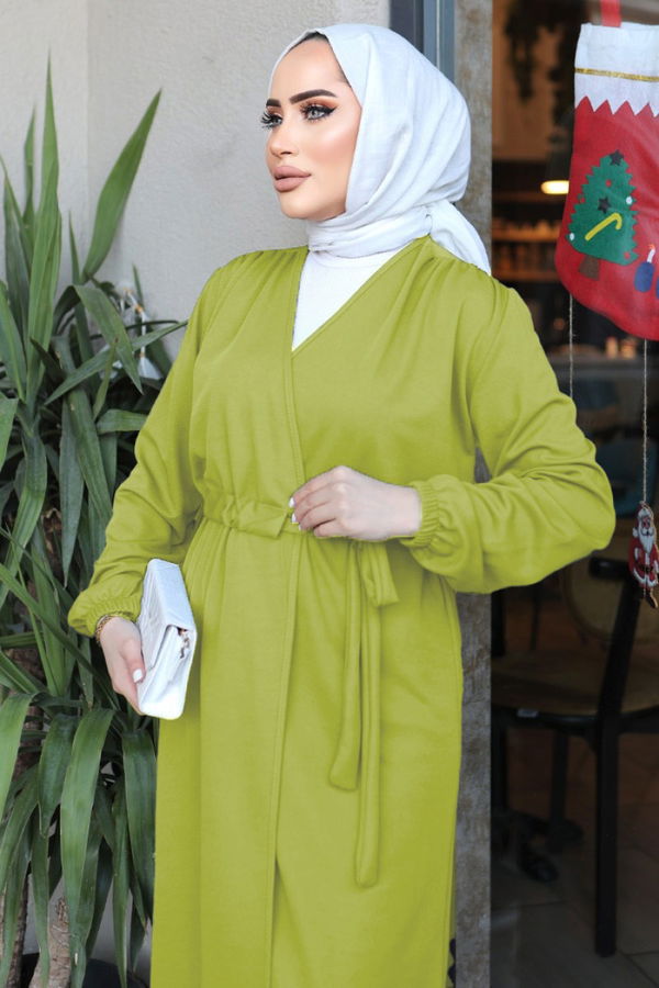 Belden Bağlamalı Hırka Yağ Yeşili - 26586