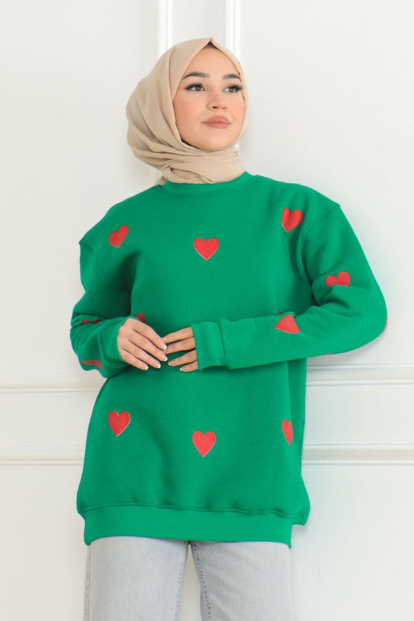Düz Orta Kadın Yesil Kalpli Sweat - 26659