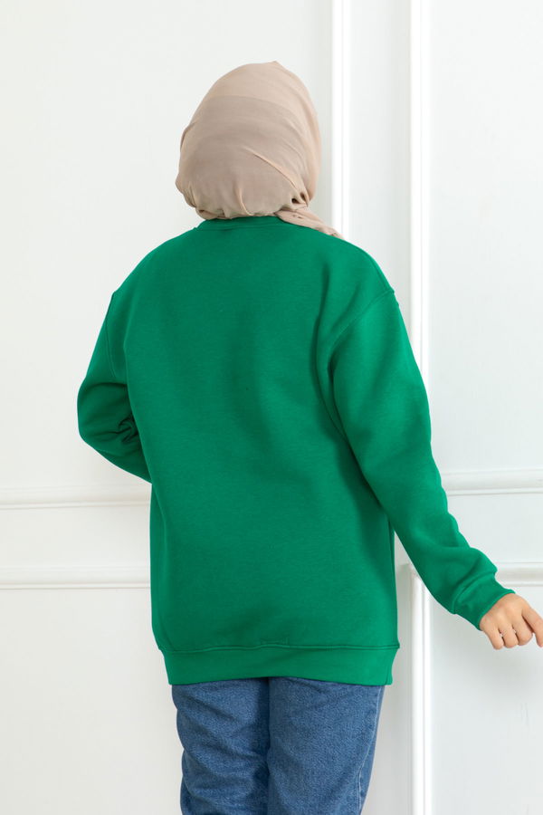 Kadın Bisiklet Yaka Salak Sweatshirt Yesil - 26617