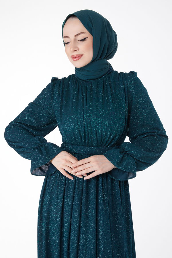 Simli Kemerli Abiye Elbise Zümrüt - 25058