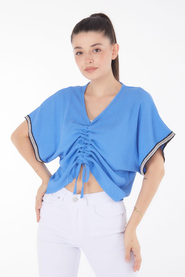 V Yaka Büzgü Detaylı Bluz Mavi - 25837
