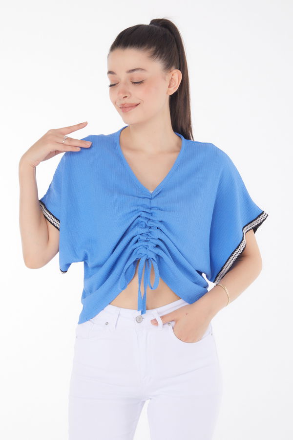 V Yaka Büzgü Detaylı Bluz Mavi - 25837