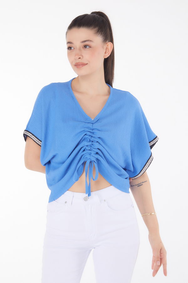 V Yaka Büzgü Detaylı Bluz Mavi - 25837