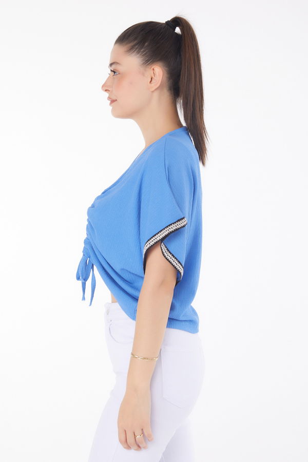 V Yaka Büzgü Detaylı Bluz Mavi - 25837