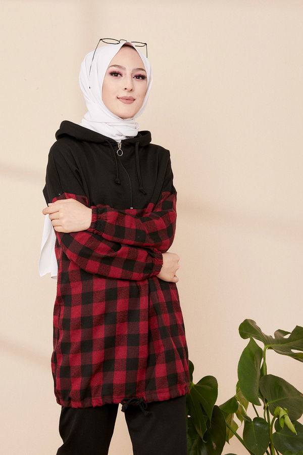 Hooded Tunic Black Claret Red - 3300