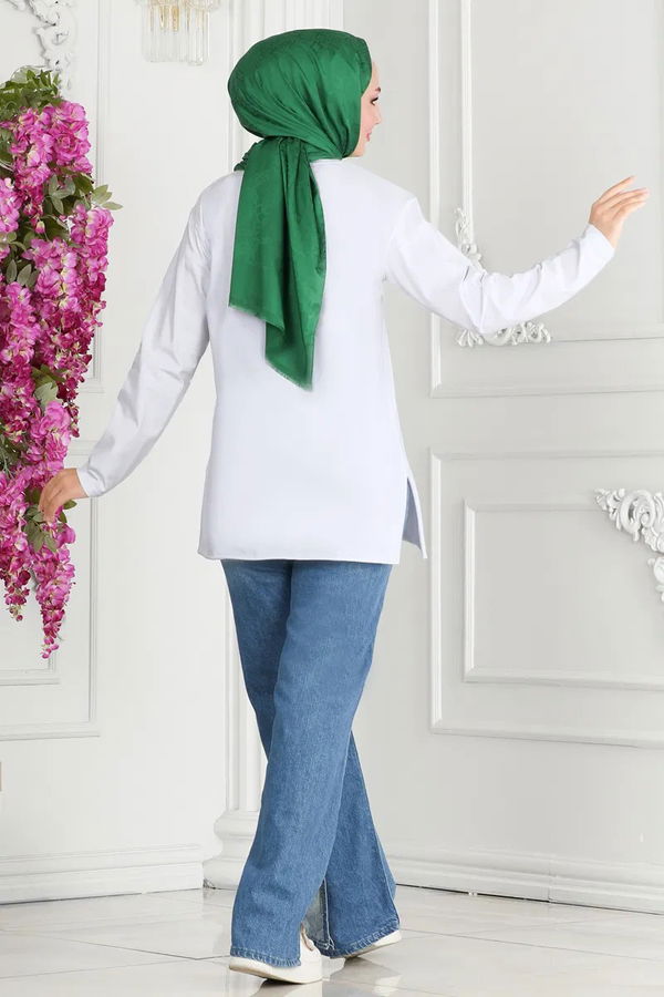 Kadın Bisiklet Yaka Çiçek Baskılı Tunik Beyaz - 27197